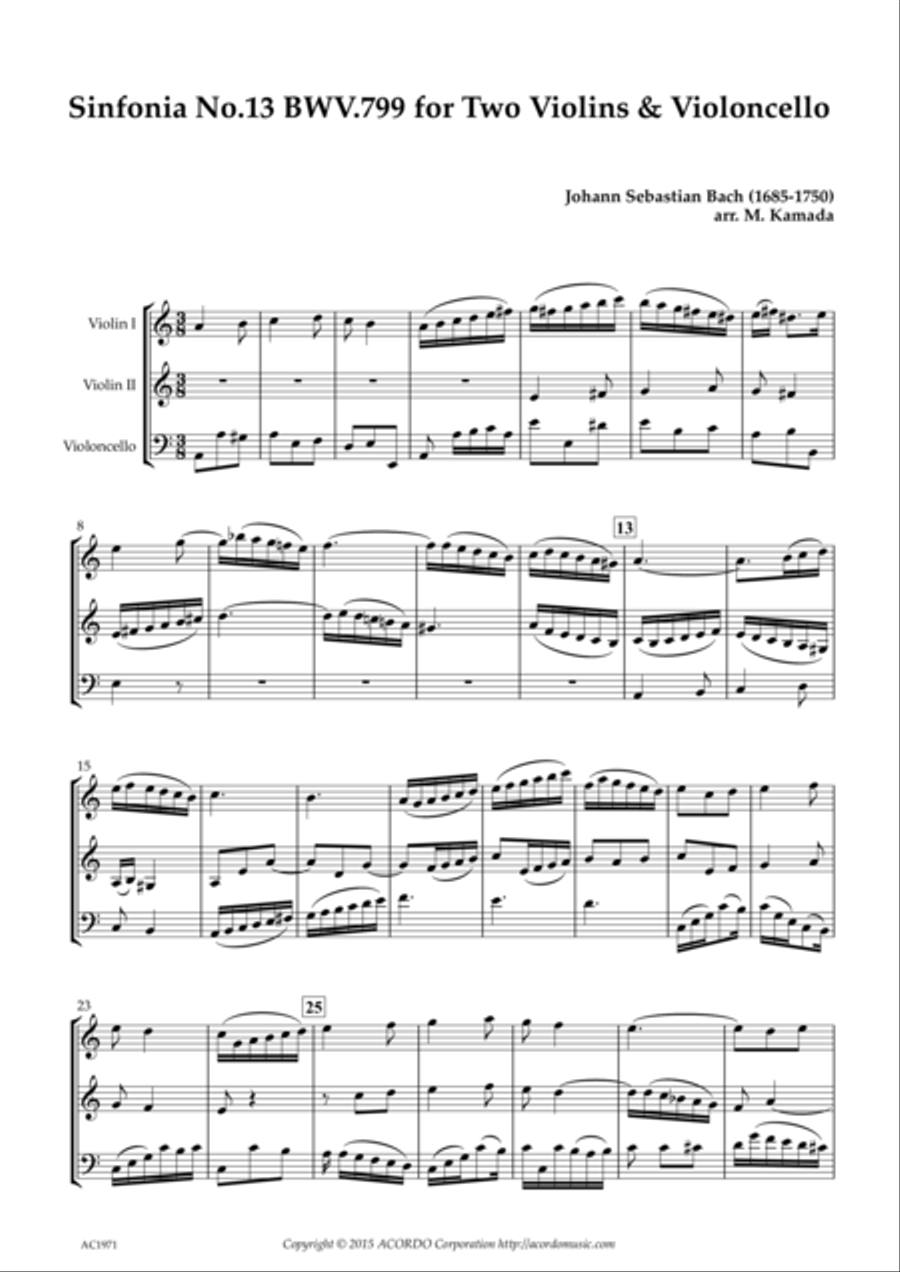 Sinfonia No.13 BWV.799 for Two Violins & Violoncello String Duet scores gallery preview page 1