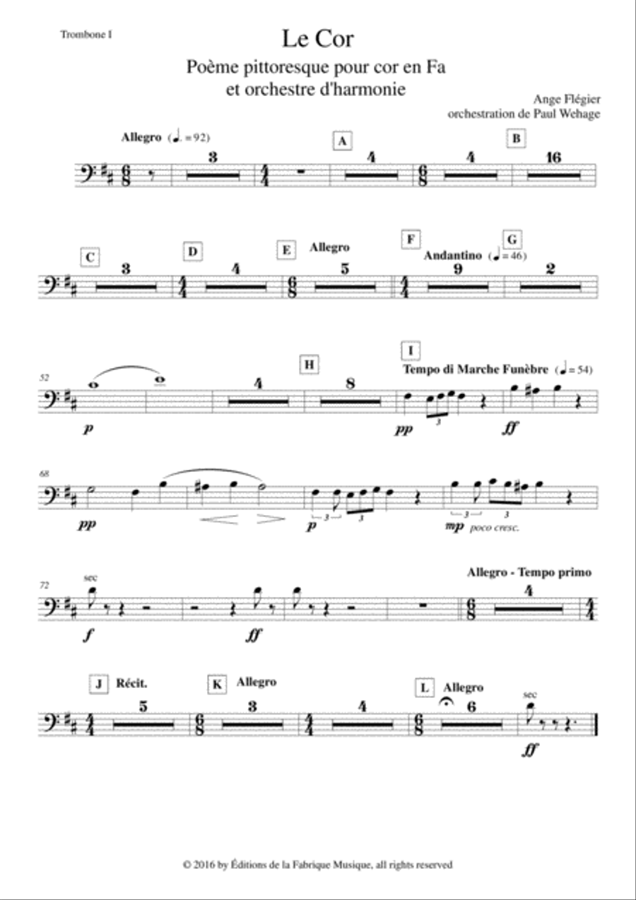 Ange Flégier: Le Cor for solo horn and concert band, trombone 1 part Concert Band scores gallery preview page 1