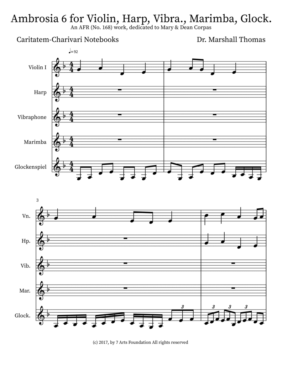 Ambrosia 6 for Violin, Harp, Vibra., Marimba, Glock. Small Ensemble scores gallery preview page 1