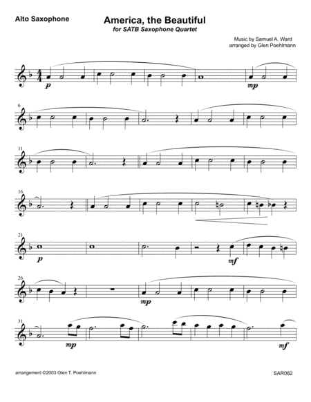 AMERICA THE BEAUTIFUL arranged for SAXOPHONE QUARTET (SATB or AATB) image number null