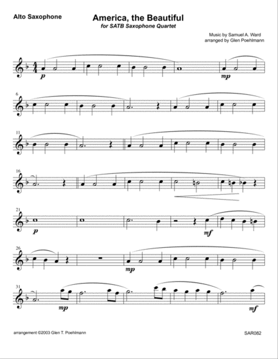AMERICA THE BEAUTIFUL arranged for SAXOPHONE QUARTET (SATB or AATB) AMERICA THE BEAUTIFUL arranged for SAXOPHONE QUARTET (SATB or AATB) Saxophone Quartet scores gallery preview page 6