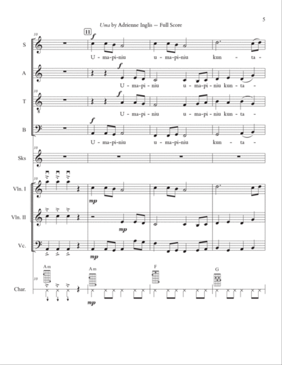 Uma for SATB and string quartet, with optional charango and sikus 4-Part scores gallery preview page 5