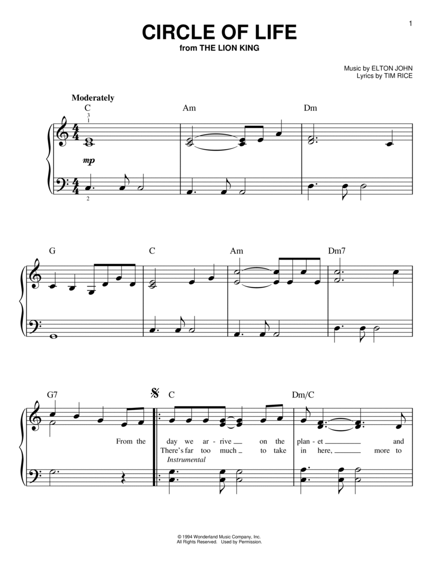 Circle Of Life (from The Lion King) Easy Piano scores gallery preview page 1
