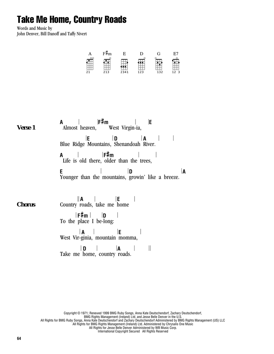Take Me Home, Country Roads Ukulele scores gallery preview page 1