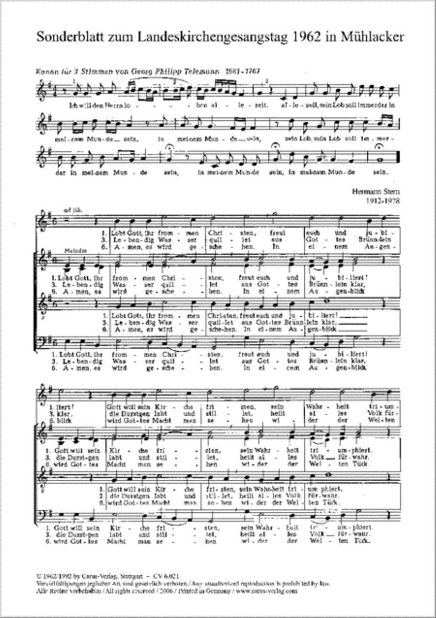 Papa: Sanctus; Stern: Lobt Gott; Telemann: Ich will den Herren Score scores gallery preview page 1