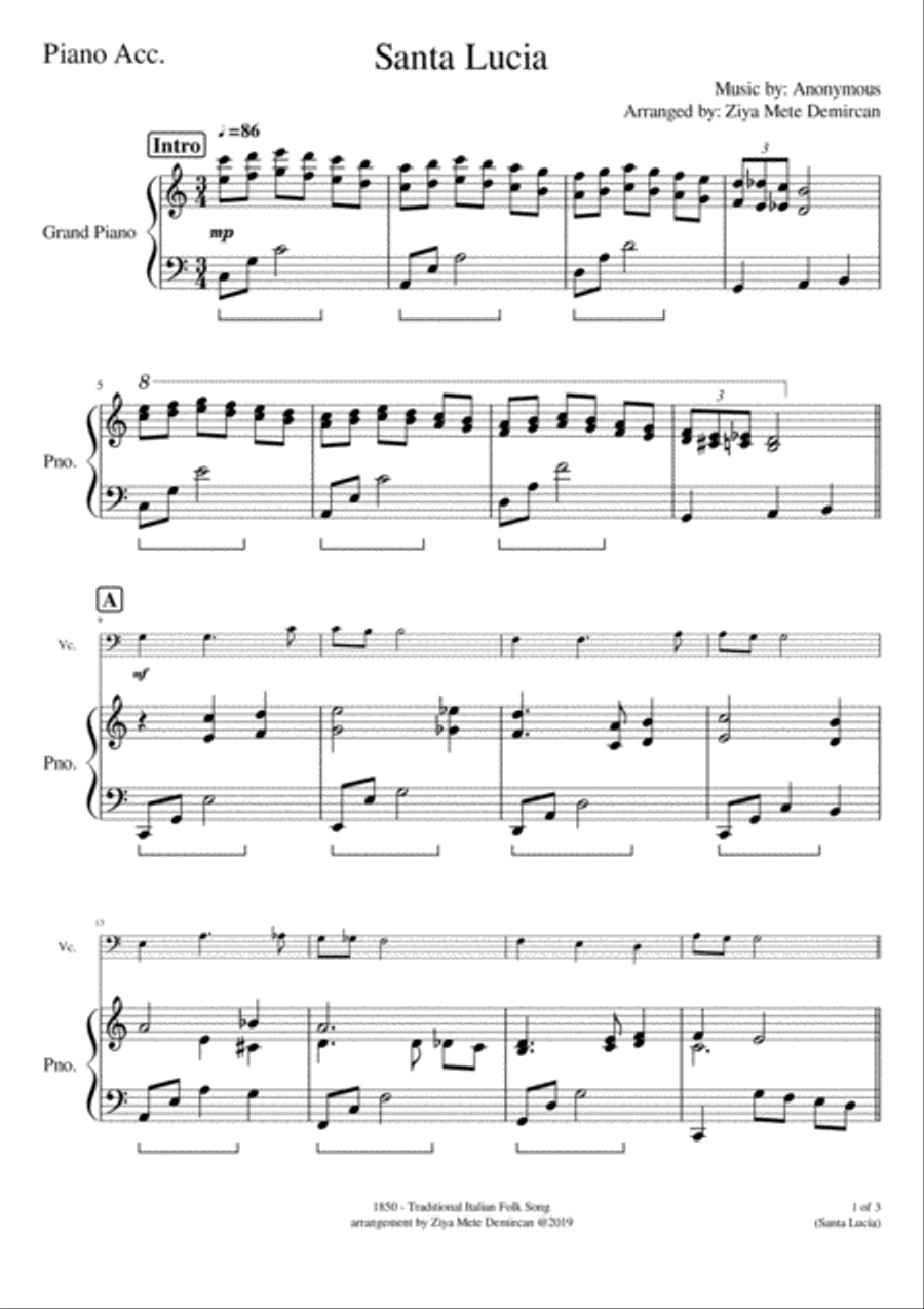 Santa Lucia for Cello & Piano Piano scores gallery preview page 3