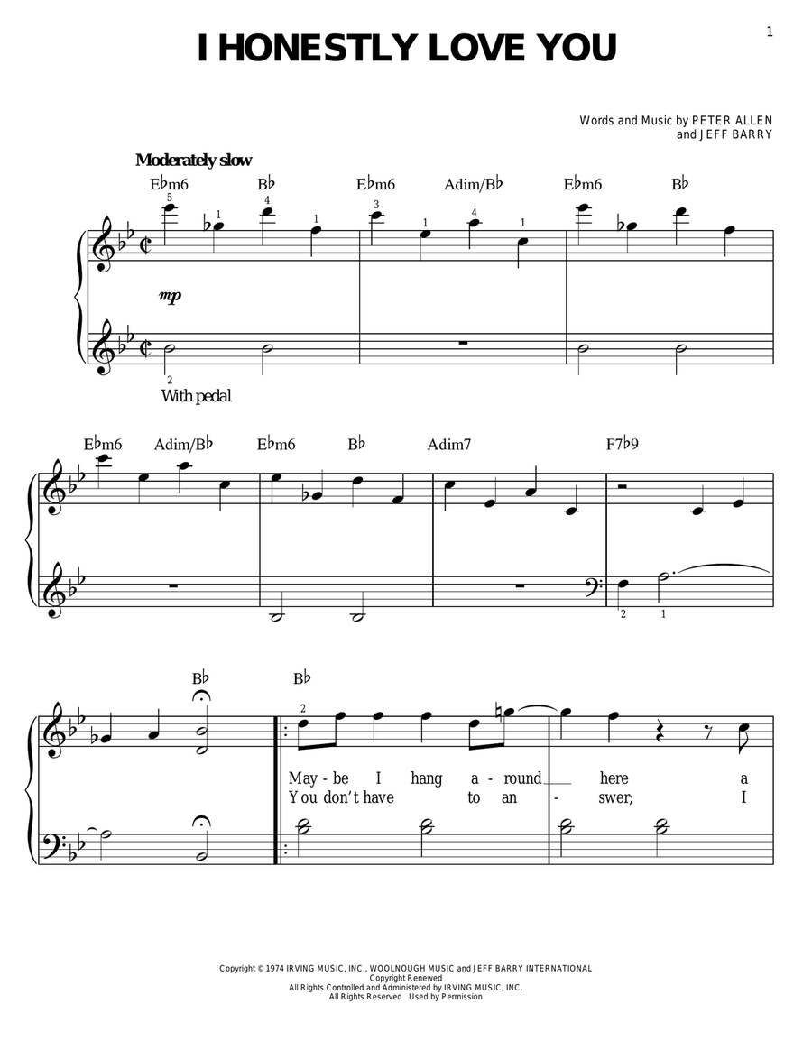 I Honestly Love You (from The Boy From Oz) Easy Piano scores gallery preview page 1