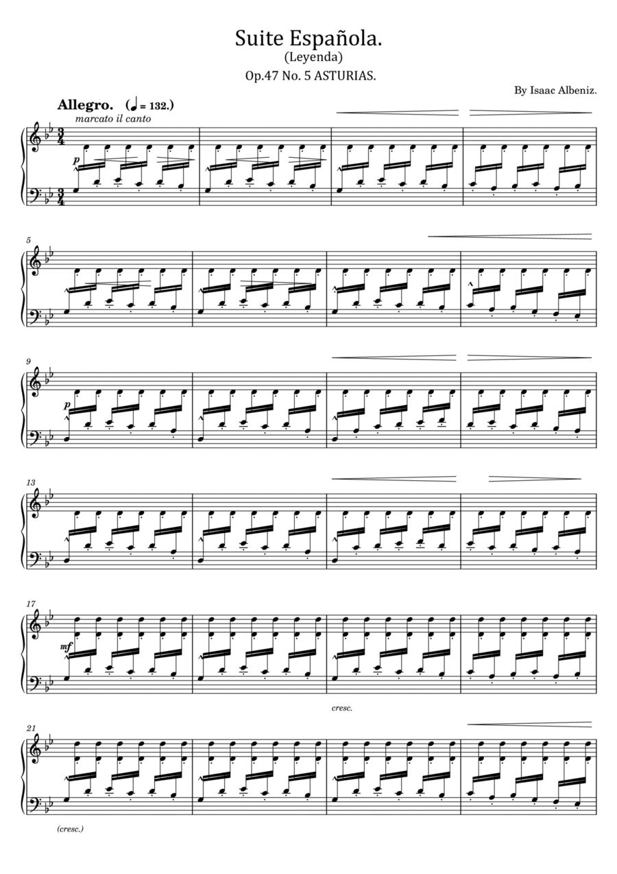 Albeniz - Suite Española - (Op.47 No. 5 Asturias) (Leyenda) - For Piano Solo Piano Solo scores gallery preview page 1