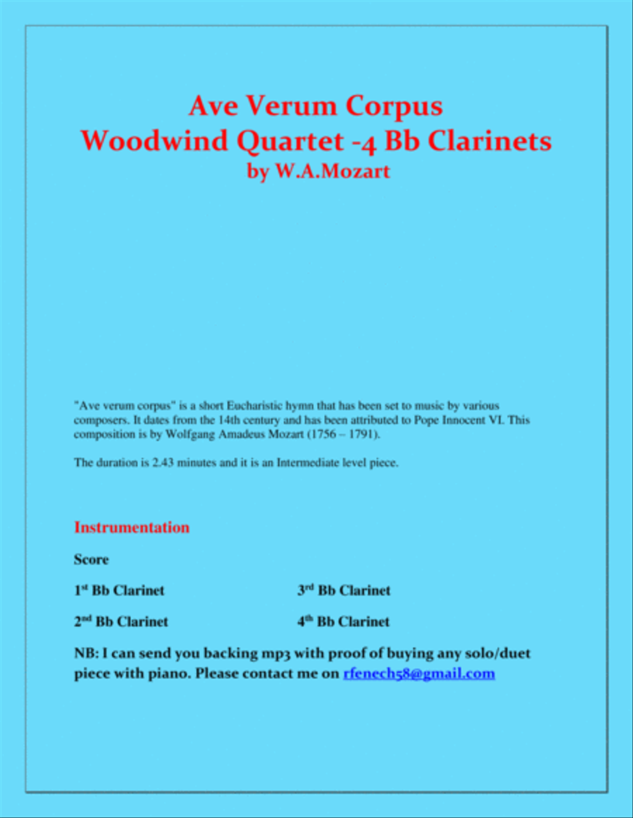 Ave Verum Corpus - Mozart - 4 Bb Clarinets Quartet - Intermediate level Clarinet Quartet scores gallery preview page 2