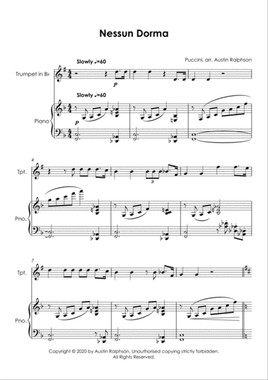 Nessun Dorma - trumpet and piano with FREE BACKING TRACK to play along Trumpet Solo scores gallery preview page 3