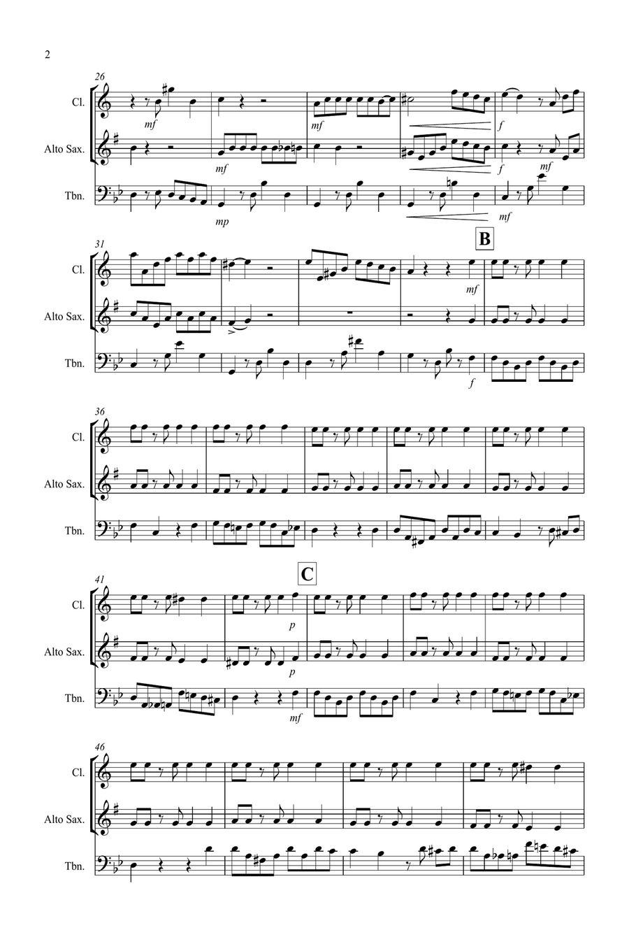 Tango a Trios for Clarinet, Alto Saxophone and Trombone Trio Small Ensemble scores gallery preview page 2