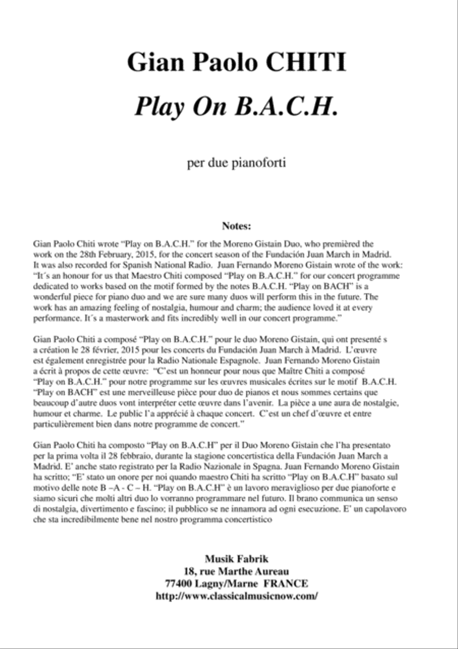 Gian Paolo Chiti: Play On B.A.C.H. for two pianos 2 Pianos, 4-Hands scores gallery preview page 1