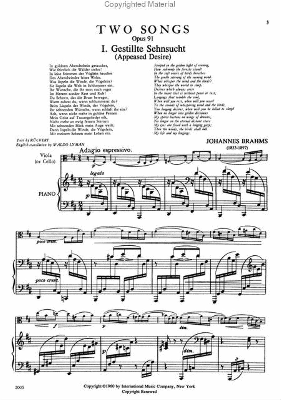 Two Songs, Opus 91 For Contralto (With Viola Or Cello Obligato) (G. & E.)