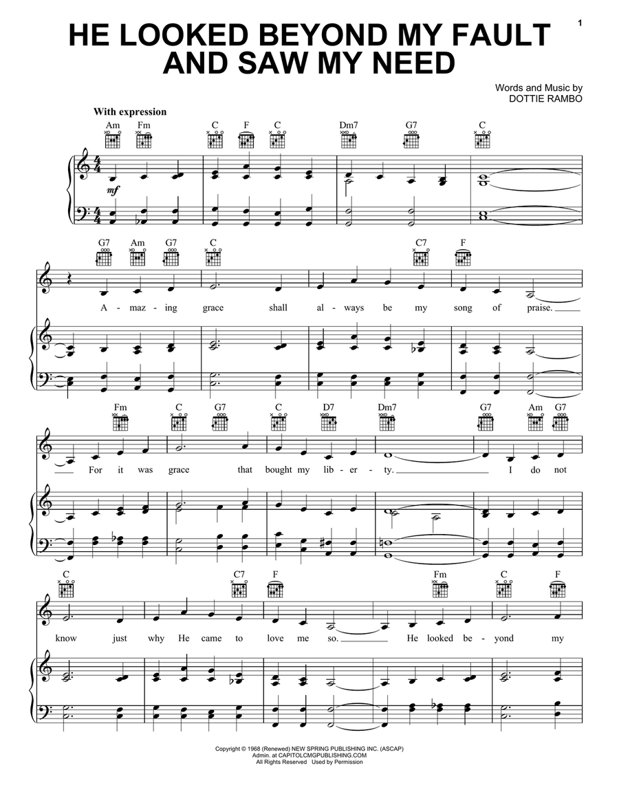 He Looked Beyond My Fault And Saw My Need Piano, Vocal, Guitar scores gallery preview page 1