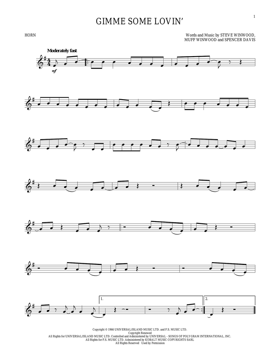 Gimme Some Lovin' Horn Solo scores gallery preview page 1