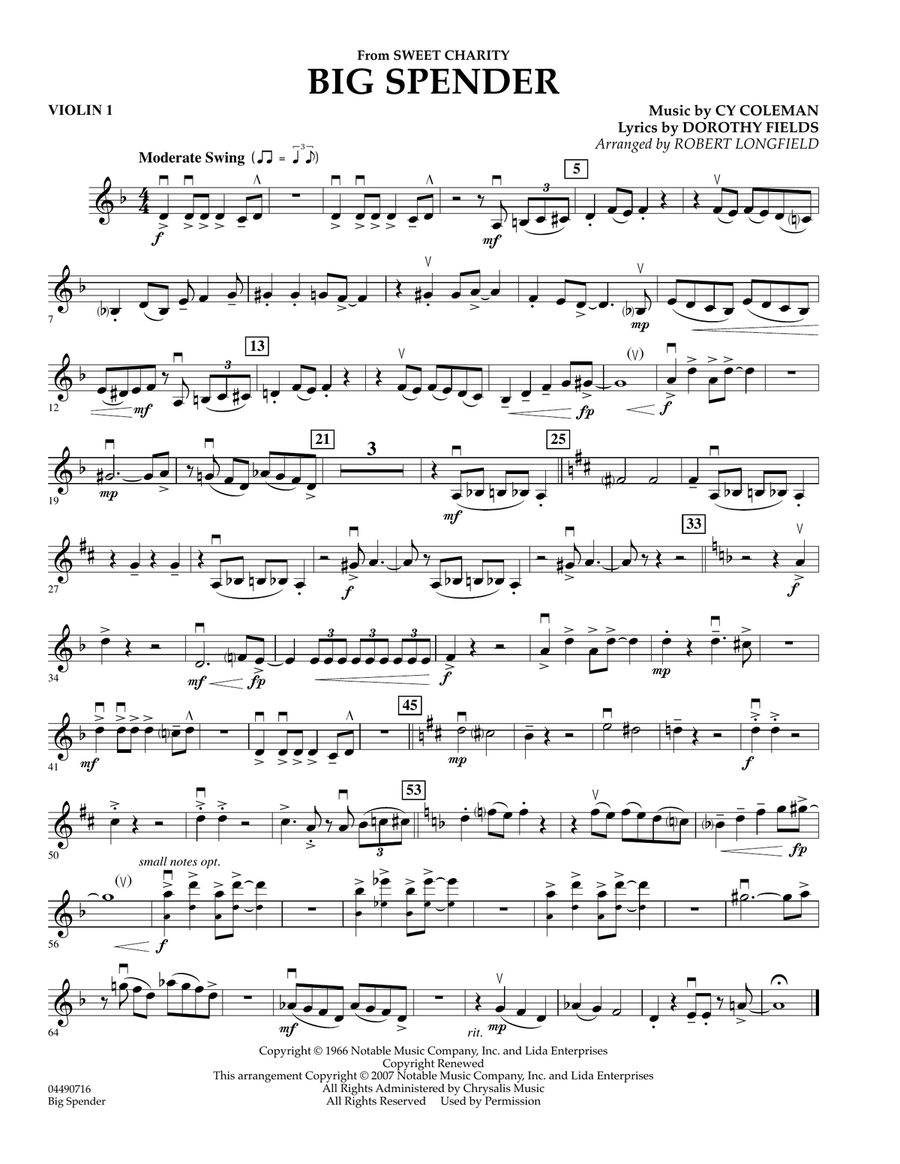 Cy Coleman: Big Spender (Sweet Charity) - Violin 1 Orchestra scores gallery preview page 1