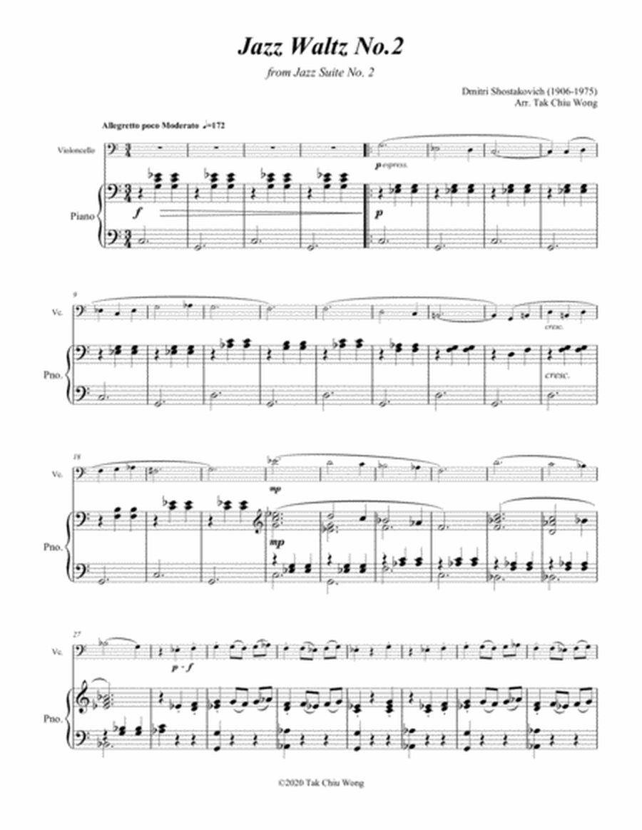 Jazz Waltz No. 2 arranged for Cello and Piano
