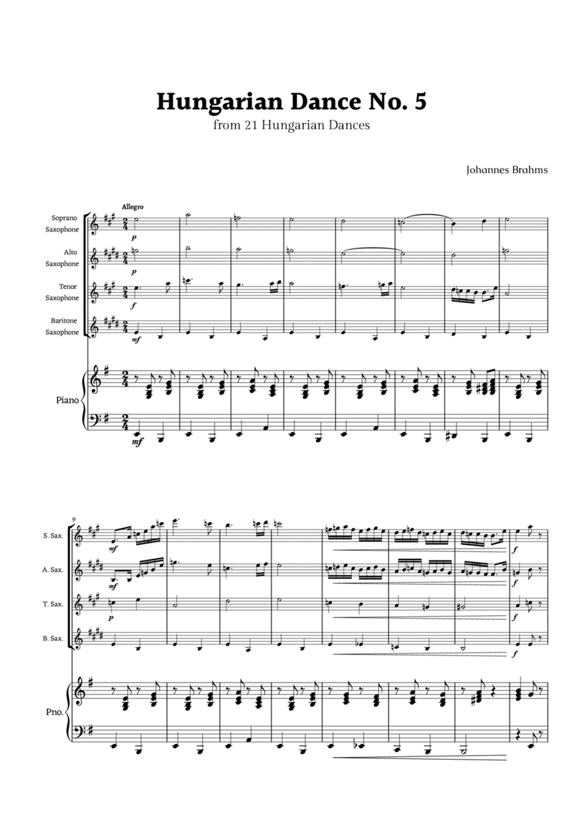Hungarian Dance No. 5 by Brahms for Sax Ensemble Quartet and Piano image number null
