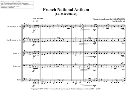 French National Anthem ("La Marseillaise" ) for Brass Quintet (MFAO World National Anthem Series) image number null