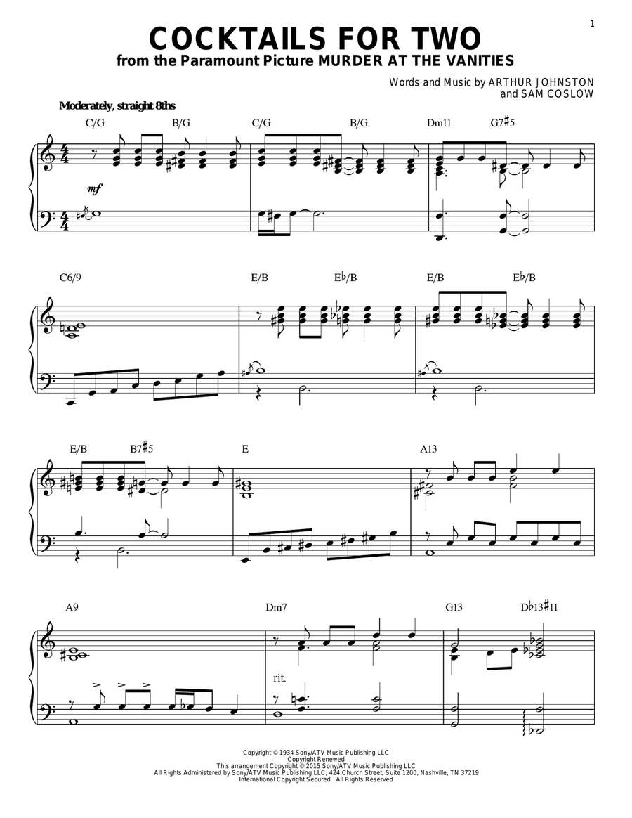 Cocktails For Two [Jazz version] (arr. Brent Edstrom) Piano Solo scores gallery preview page 1