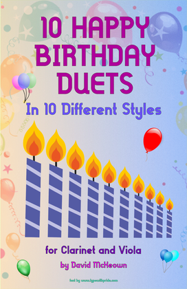 Book cover for 10 Happy Birthday Duets, (in 10 Different Styles), for Clarinet and Viola