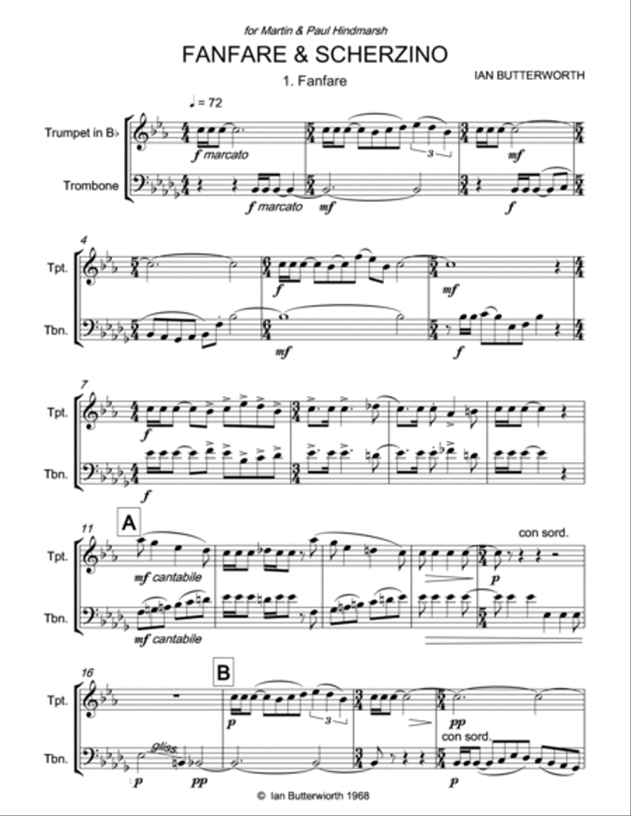 IAN BUTTERWORTH Fanfare & Scherzino for trumpet & trombone Brass Duet scores gallery preview page 2