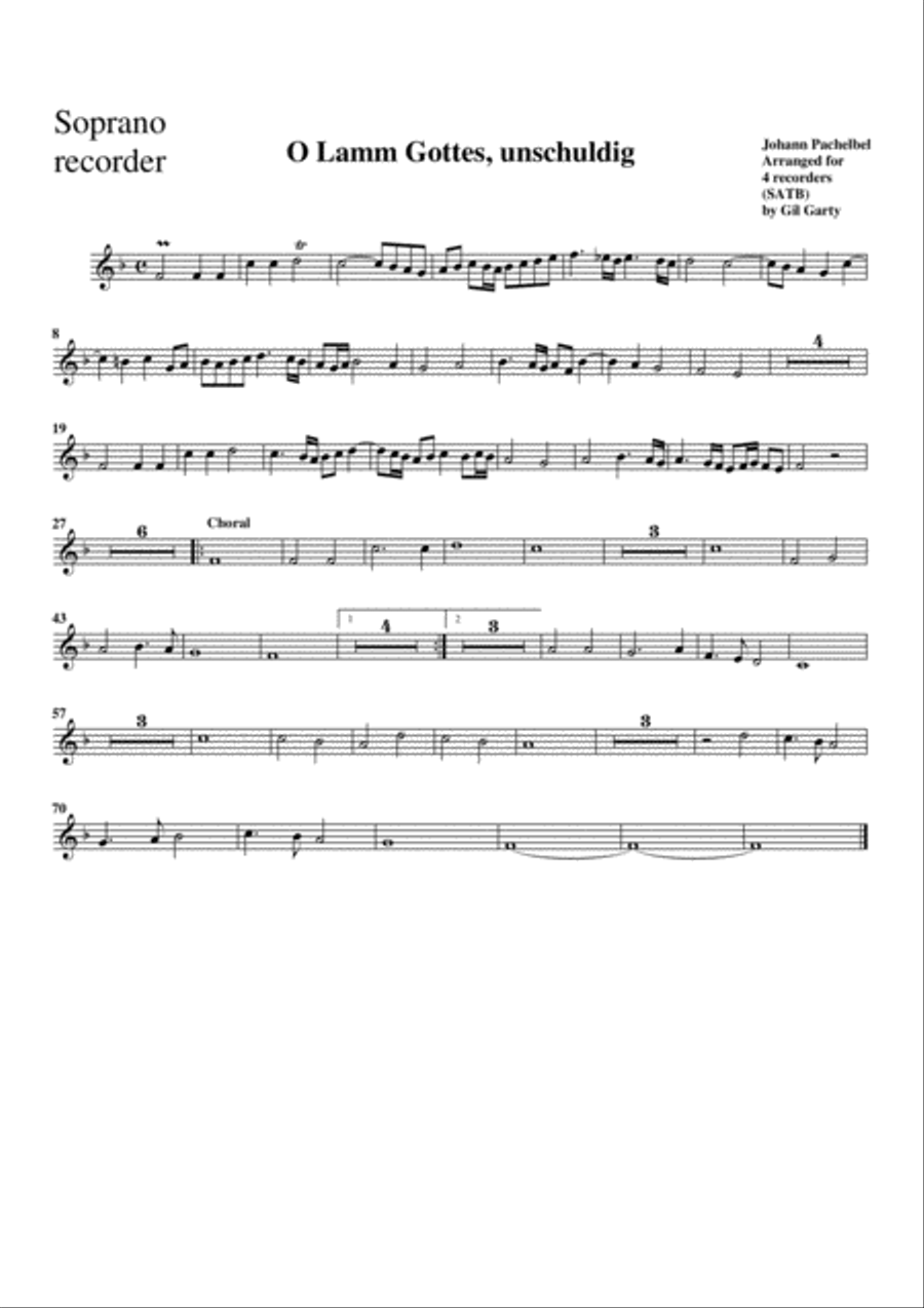 O Lamm Gottes, unschuldig (arrangement for 4 recorders) Recorder scores gallery preview page 3