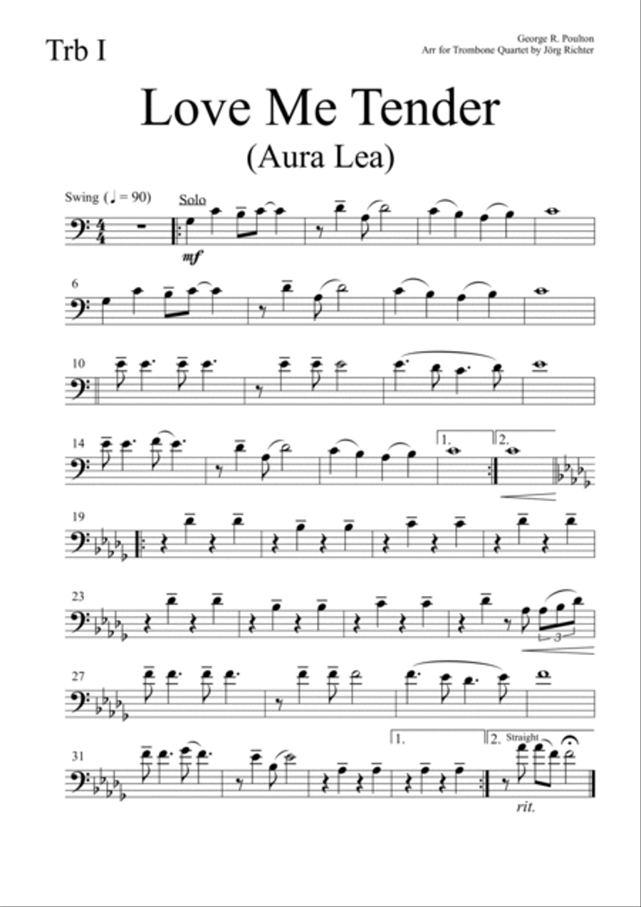 Love Me Tender (Aura Lea) for Trombone Quartet Brass Quartet scores gallery preview page 4