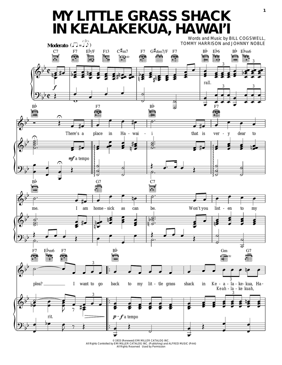 My Little Grass Shack In Kealakekua, Hawaii Piano, Vocal, Guitar scores gallery preview page 1