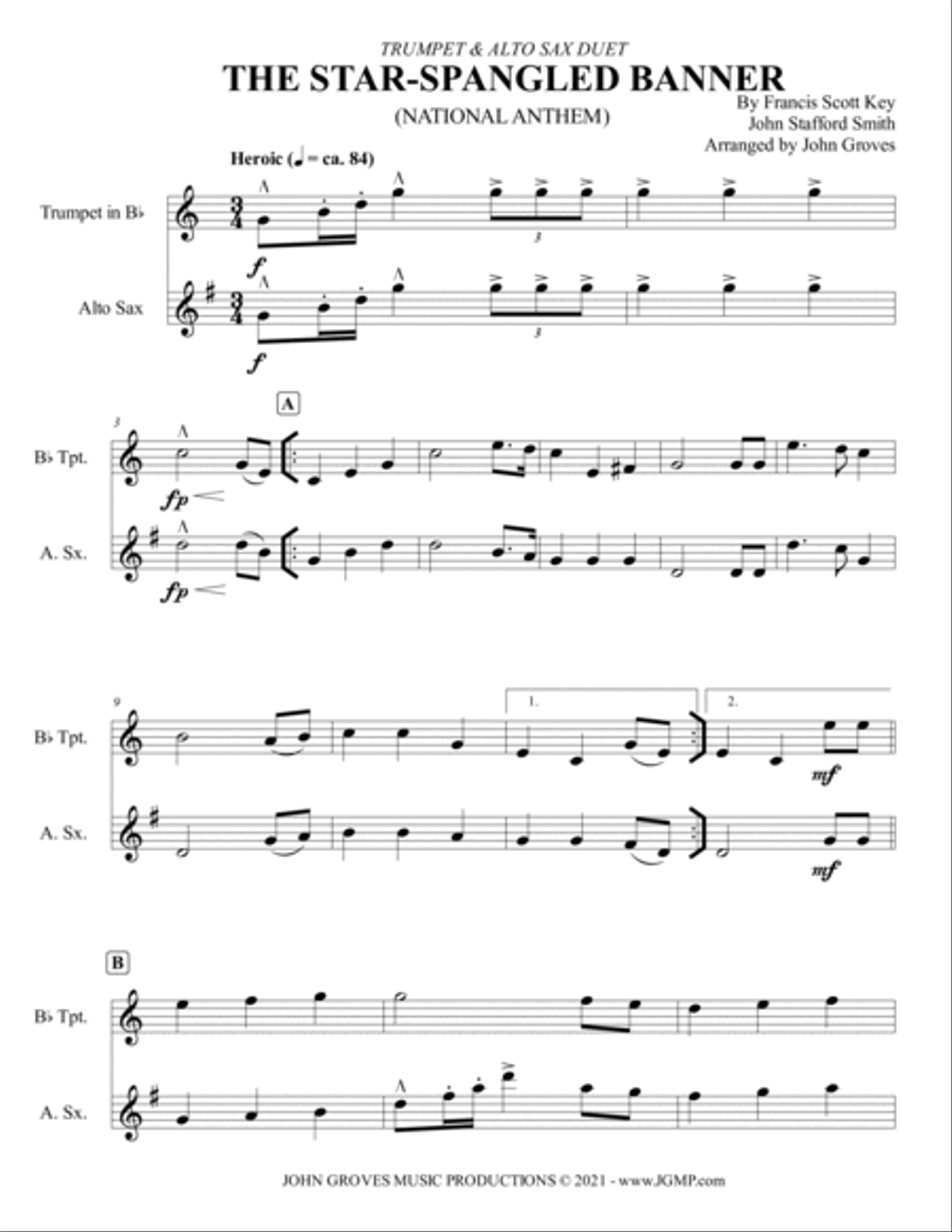 The Star-Spangled Banner (National Anthem) - Trumpet & Alto Sax Duet Alto Saxophone scores gallery preview page 2