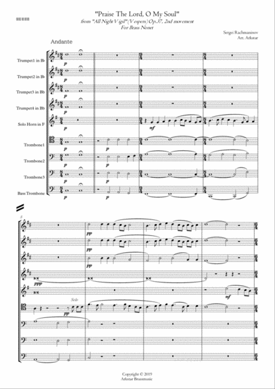 Rachmaninov:Praise The Lord, O My Soul For Brass Nonet, from All Night Vigil (Vespers) 2nd movement Brass Ensemble scores gallery preview page 2
