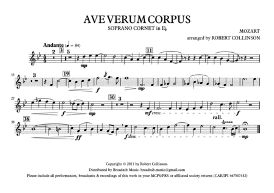 AVE VERUM CORPUS (Mozart) - March card (A5) parts only Brass Ensemble scores gallery preview page 4