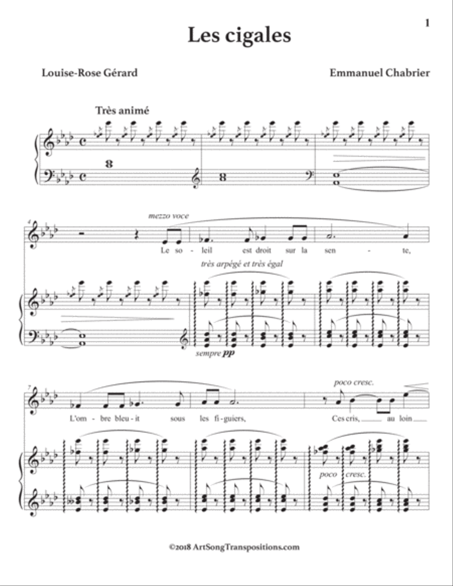 CHABRIER: Les cigales (transposed to A-flat major) Voice scores gallery preview page 2