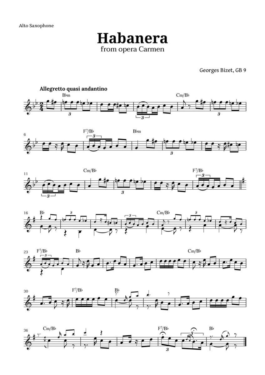 Habanera from Carmen by Bizet for Alto Sax with Chords image number null