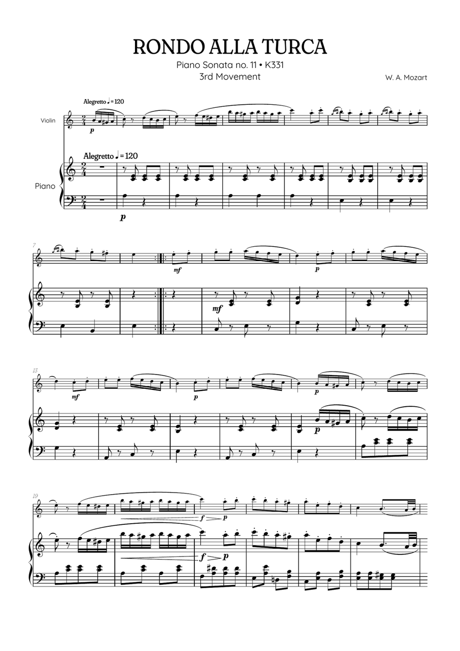 Rondo Alla Turca (Turkish March) • violin sheet music with piano accompaniment Violin Solo scores gallery preview page 1
