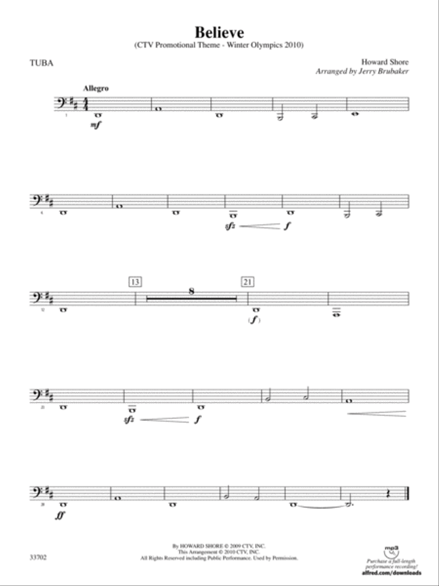 Believe (Winter Olympics 2010): Tuba Full Orchestra scores gallery preview page 1