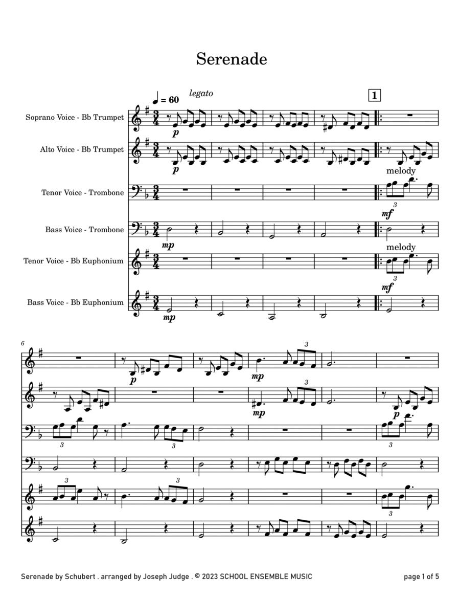 Serenade by Schubert for Brass Quartet in Schools Brass Quartet scores gallery preview page 1