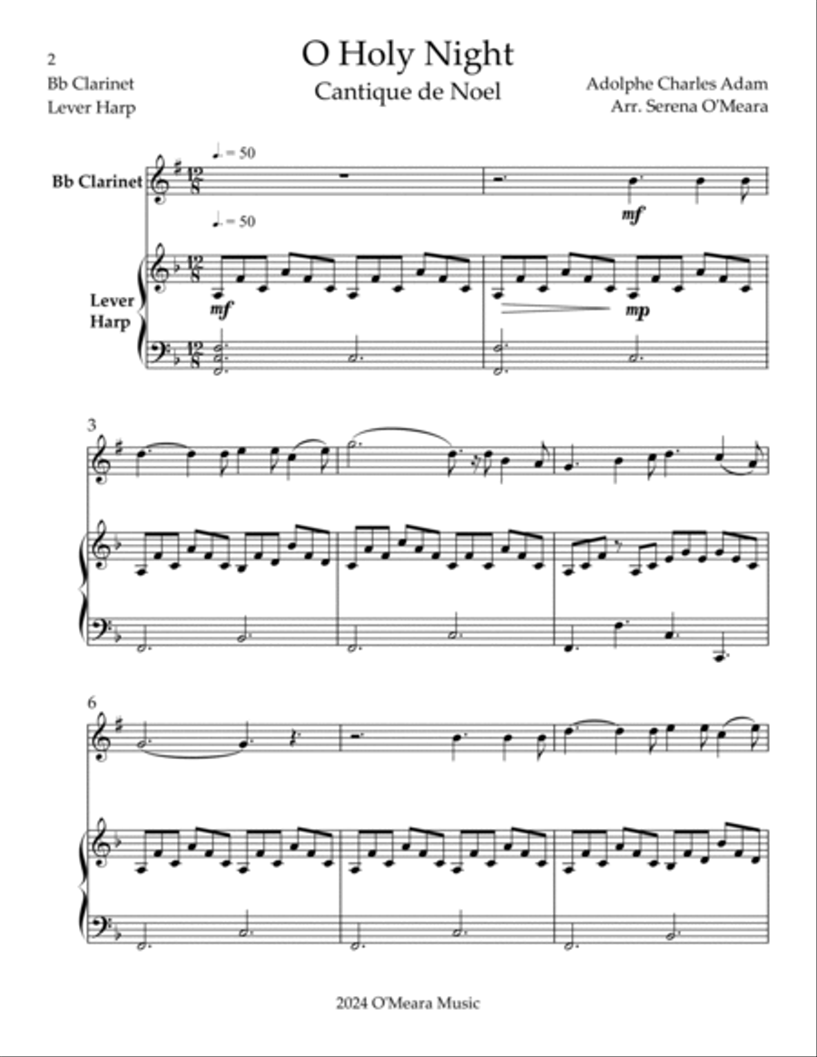 O Holy Night, Duet for Bb Clarinet & Lever Harp B-Flat Clarinet scores gallery preview page 2
