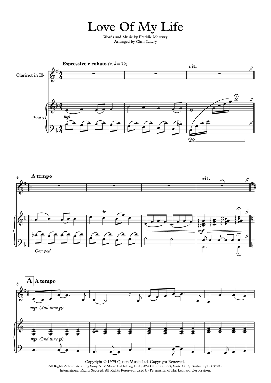 Love Of My Life Clarinet Solo scores gallery preview page 1
