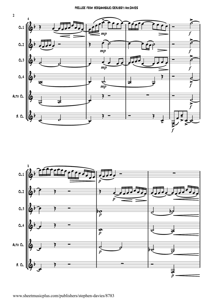 'Prelude From Suite Bergamasque' by Claude Debussy arranged for Clarinet Sextet. 'Prelude From Suite Bergamasque' by Claude Debussy arranged for Clarinet Sextet. Small Ensemble scores gallery preview page 2