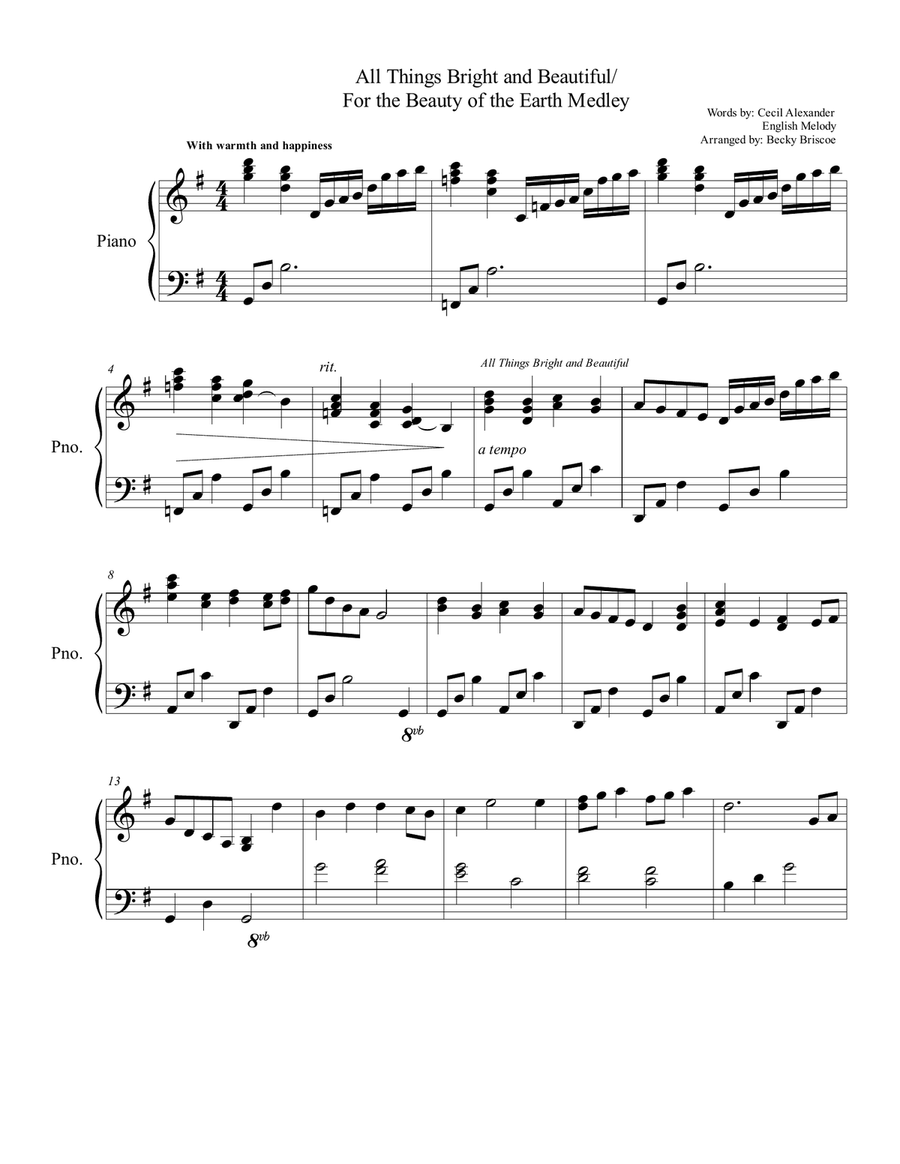 All Things Bright and Beautiful/For the Beauty of the Earth Medley Piano Solo scores gallery preview page 1