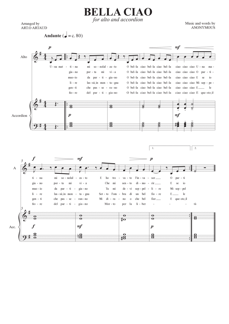Bella Ciao Alto Voice scores gallery preview page 1
