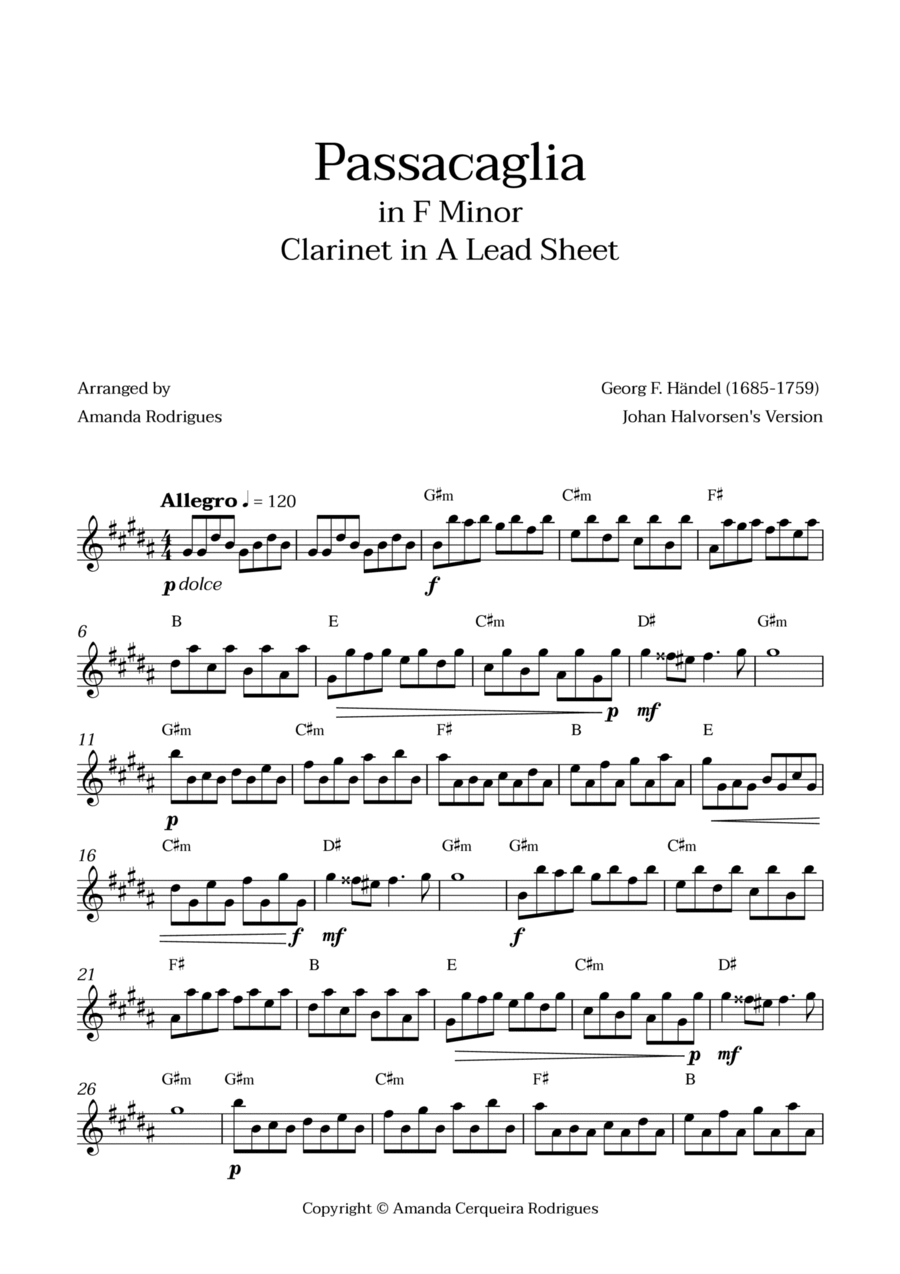 Passacaglia - Easy Clarinet in A Lead Sheet in Fm Minor (Johan Halvorsen's Version) A Clarinet scores gallery preview page 1