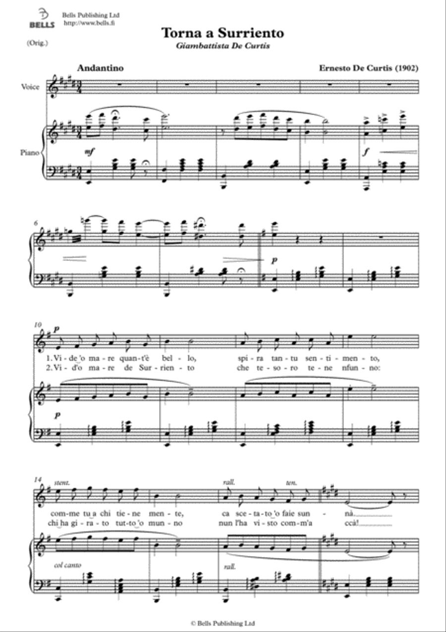 Torna a Surriento (Original key. E Major) Voice Solo scores gallery preview page 1