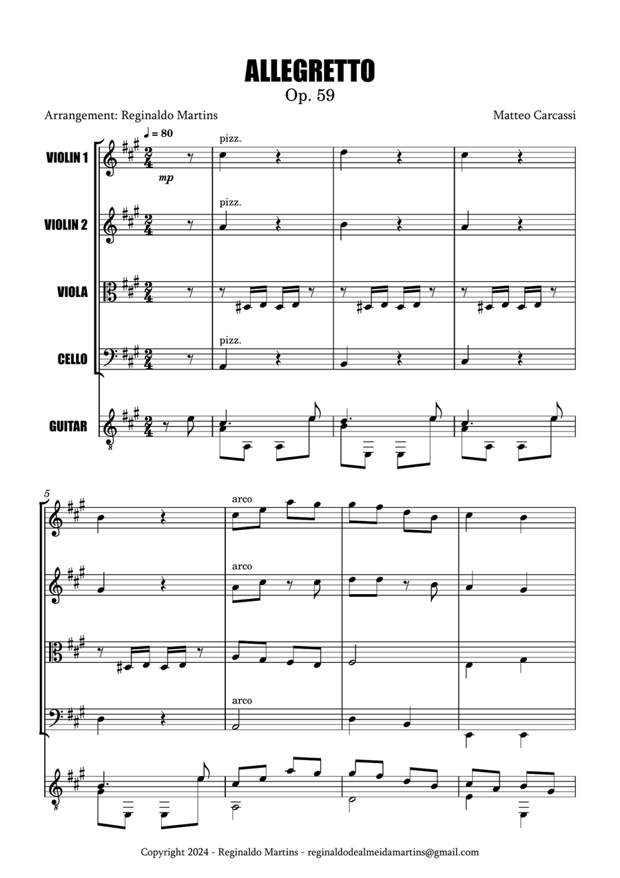 ALLEGRETO Op. 59 FOR STRING QUARTET AND GUITAR String Quartet scores gallery preview page 1