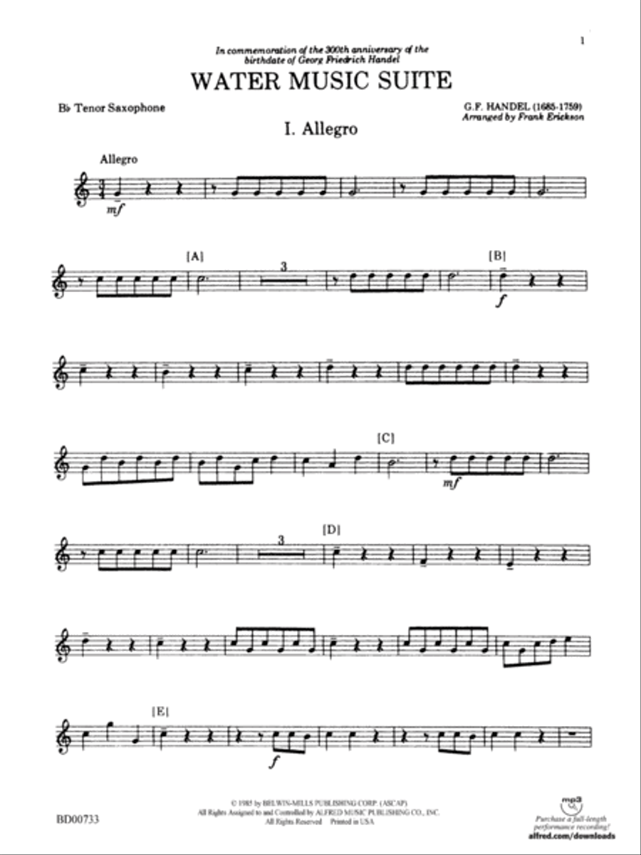 Water Music Suite: B-flat Tenor Saxophone Concert Band scores gallery preview page 1