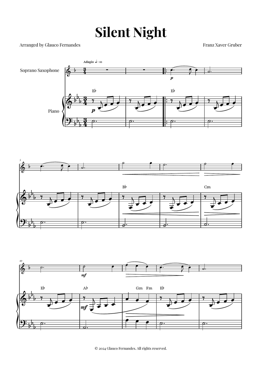 Silent Night | BEAUTIFUL Arrangement Soprano Saxophone scores gallery preview page 1