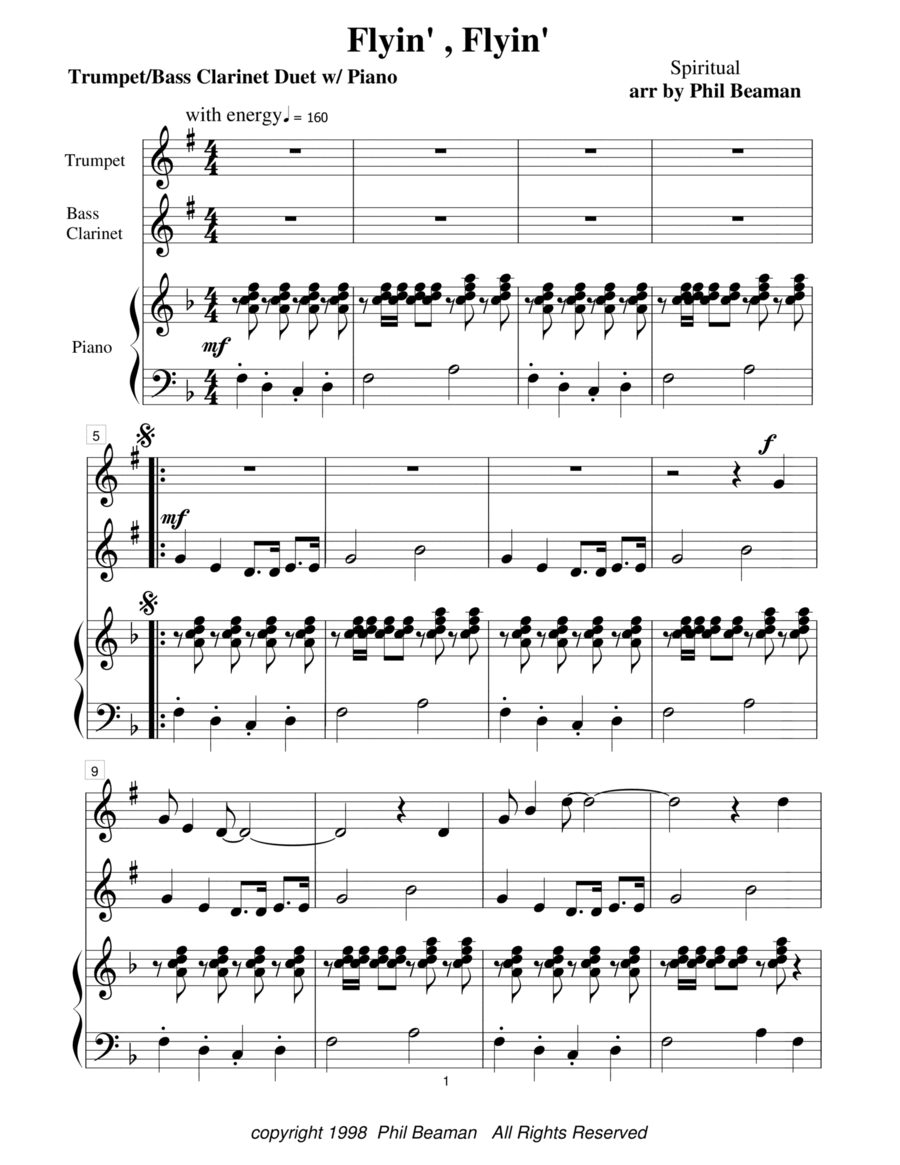Flyin', Flyin' - trumpet/bass clarinet duet with piano Clarinet Duet scores gallery preview page 1