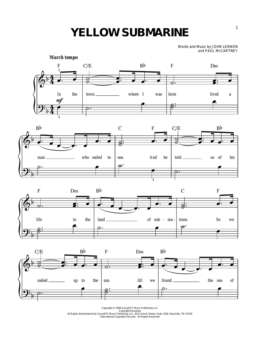 Yellow Submarine Easy Piano scores gallery preview page 1