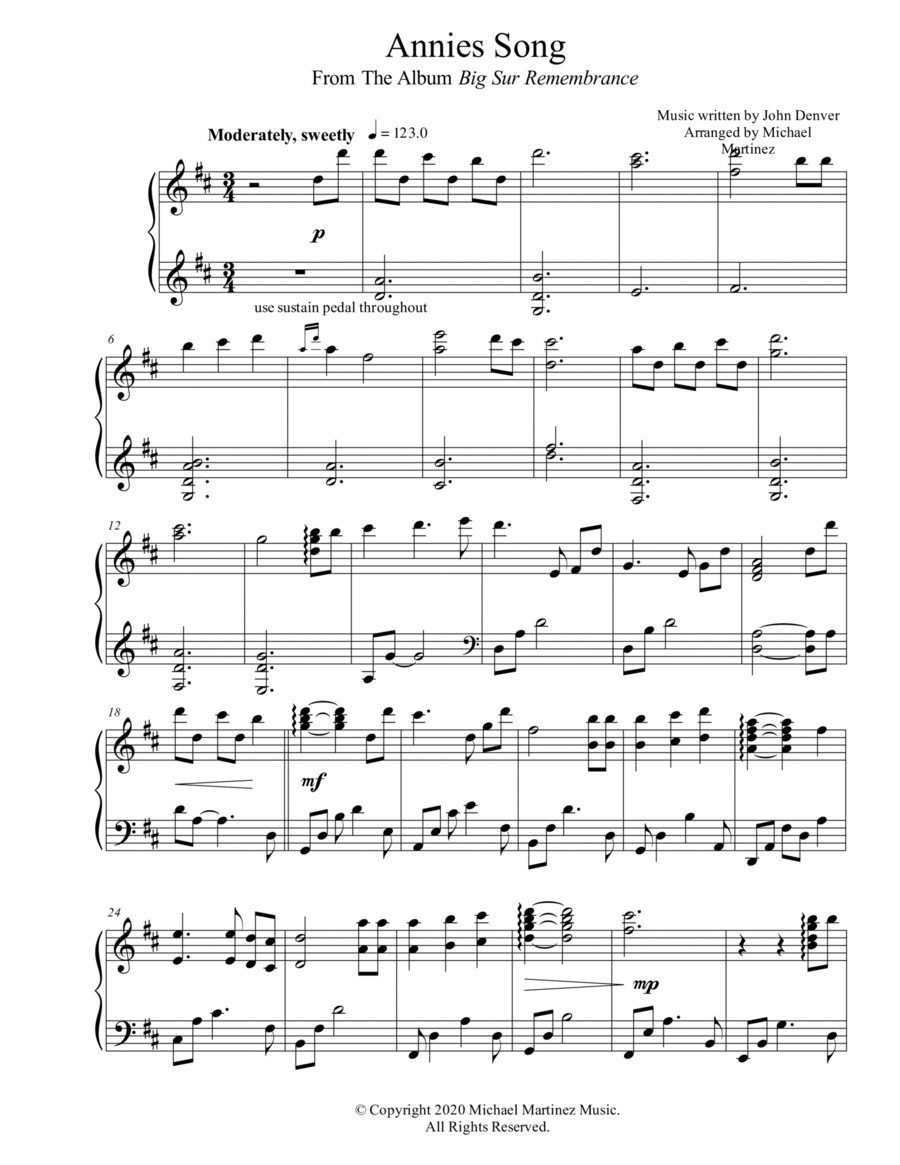 Annie's Song Piano Solo scores gallery preview page 1